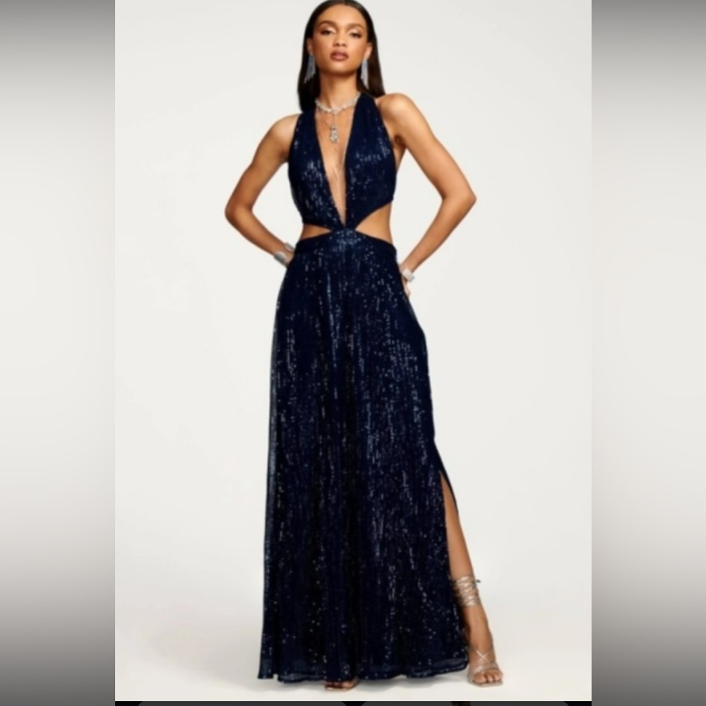 Ramy Brook Navy Sequin Cutout Halter Evening Gown